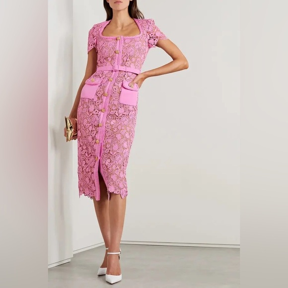 $585 SELF-PORTRAIT Button-Embellished Belted Guipure Lace Midi Dress size 4